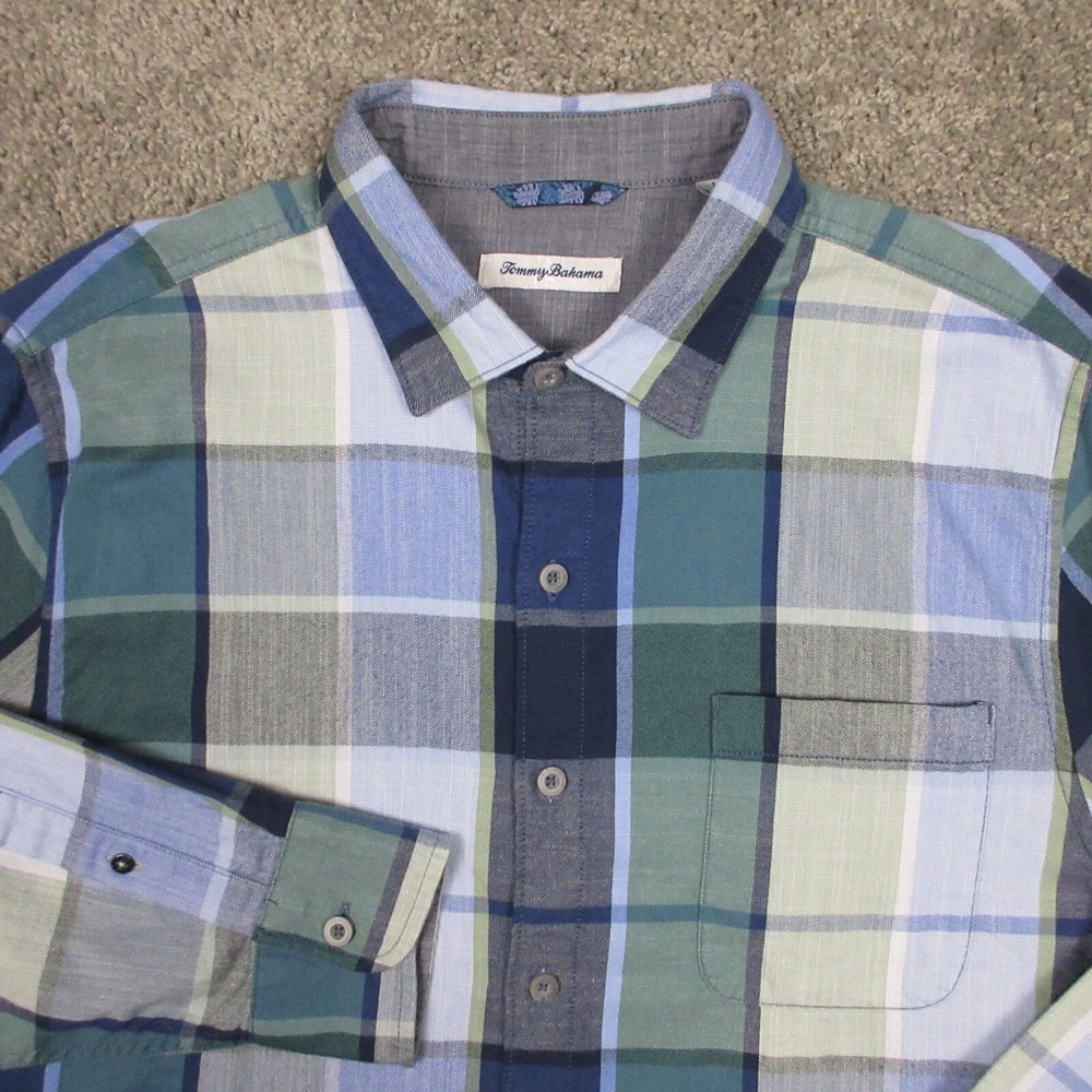 Tommy Bahama Shirt Mens Large Multicolor Plaid Button‎ Up Logo Fish Pocket